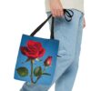 Elegant Floral Tote Bag - Red Rose Design on Blue Background - Image 3