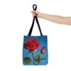 Elegant Floral Tote Bag - Red Rose Design on Blue Background - Image 4